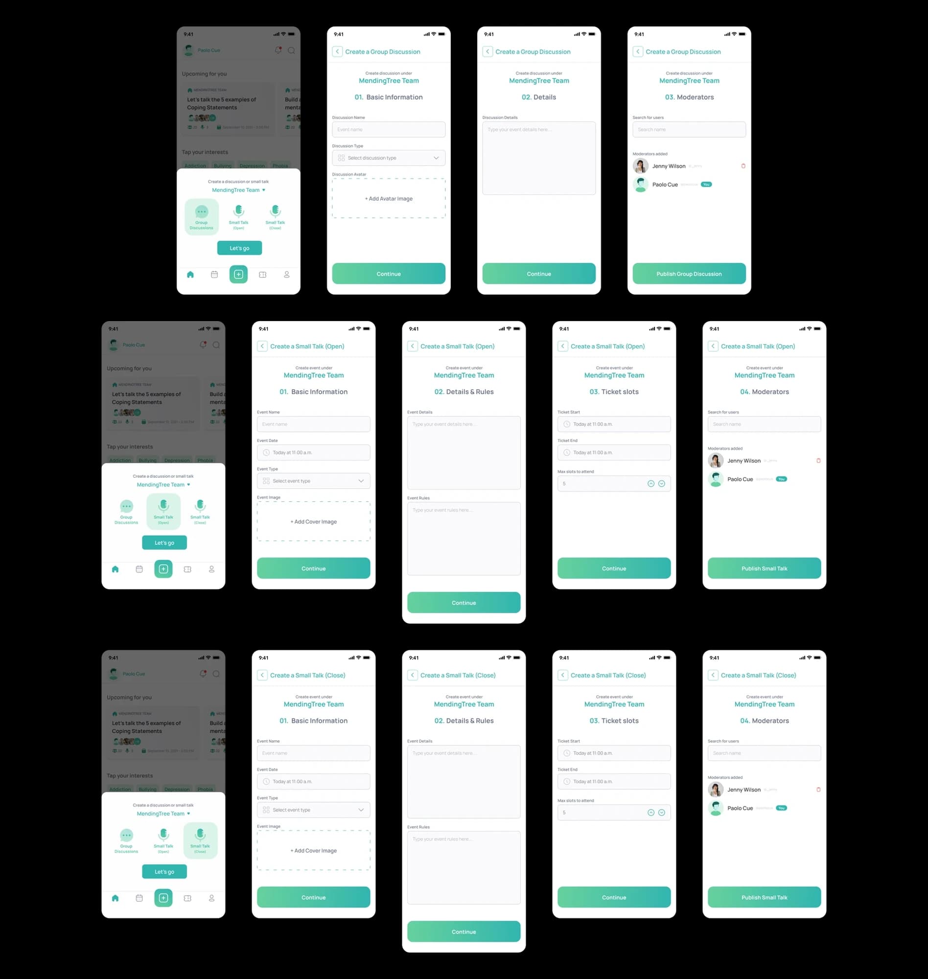 MendingTree flows for creating a group discussion, an open small talk and a closed small talk, step by step