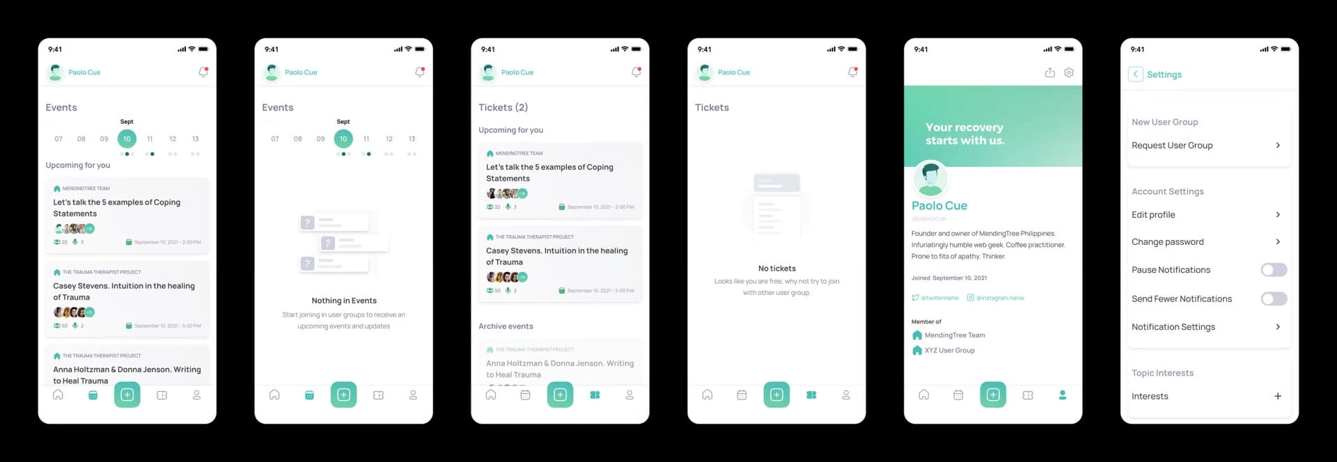 MendingTree events with a date strip, an empty events state, tickets, an empty tickets state, a profile, and the start of settings