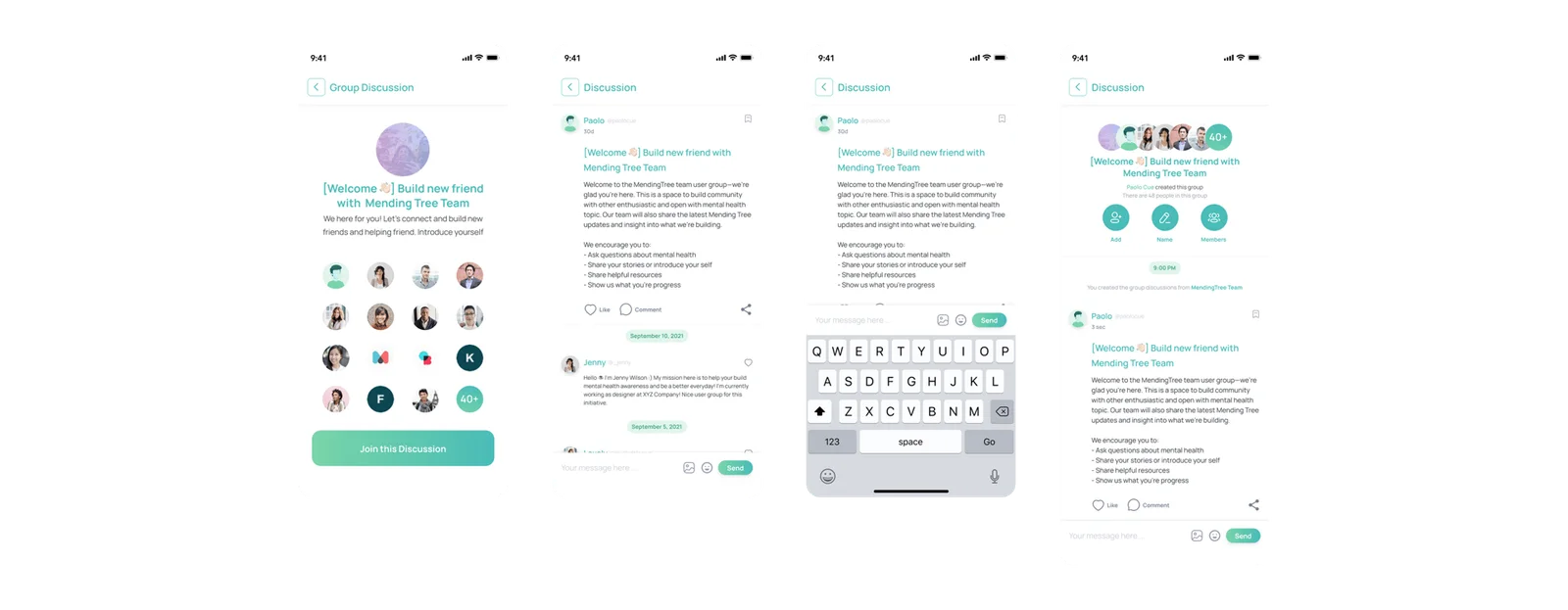 MendingTree group discussion screens: the landing page with members, the discussion thread, replying with the keyboard, and the created-from-group view