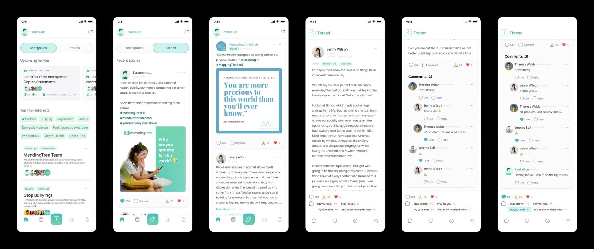 MendingTree home with the user groups tab, the stories feed, and a thread with comments and replies