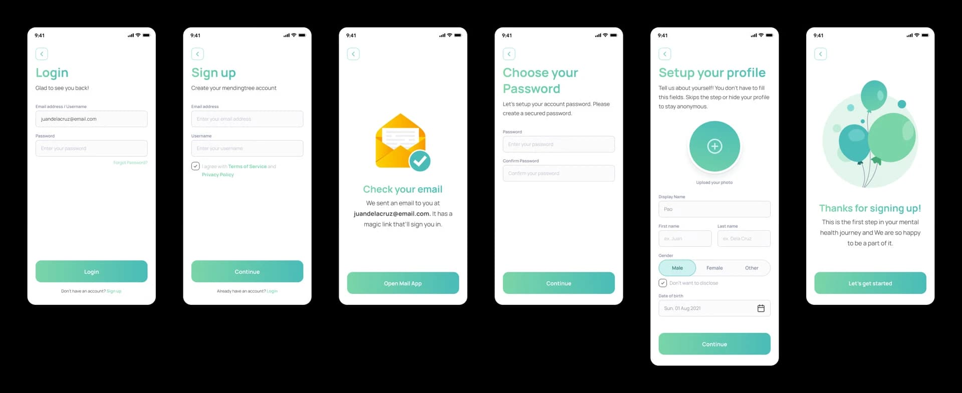 MendingTree login, sign up, check your email, choose your password, set up your profile and success screens