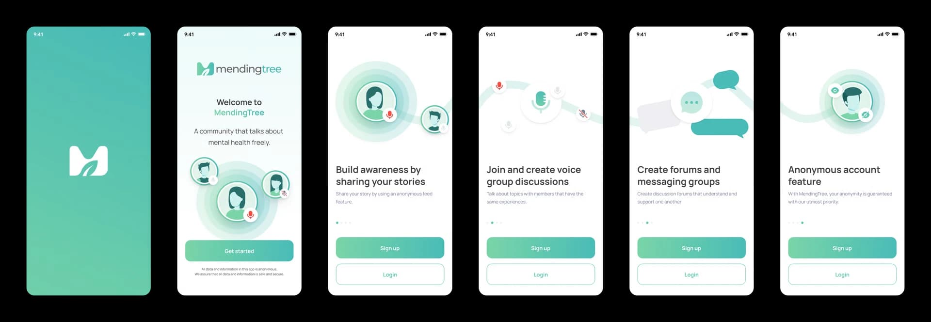 MendingTree splash, welcome and four onboarding screens
