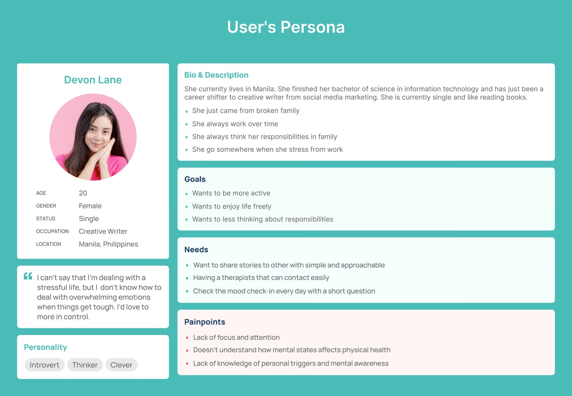 User persona Devon Lane, 20, a creative writer in Manila, with her bio, goals, needs and painpoints
