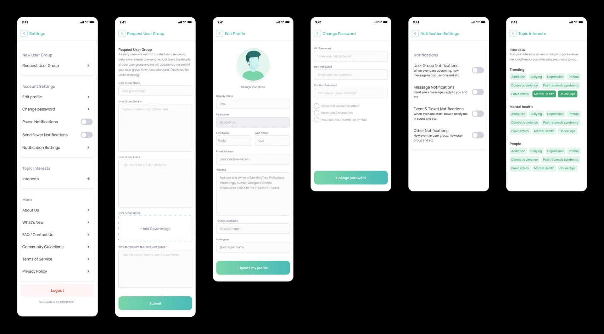 MendingTree settings list, request user group form, edit profile, change password, notification settings and topic interests
