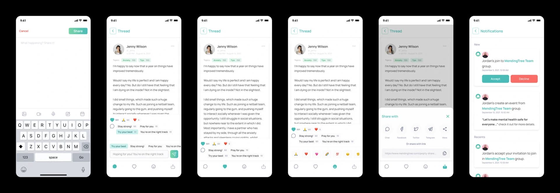 MendingTree story composer, a thread with quick replies, emoji reactions, the share sheet and the notifications screen