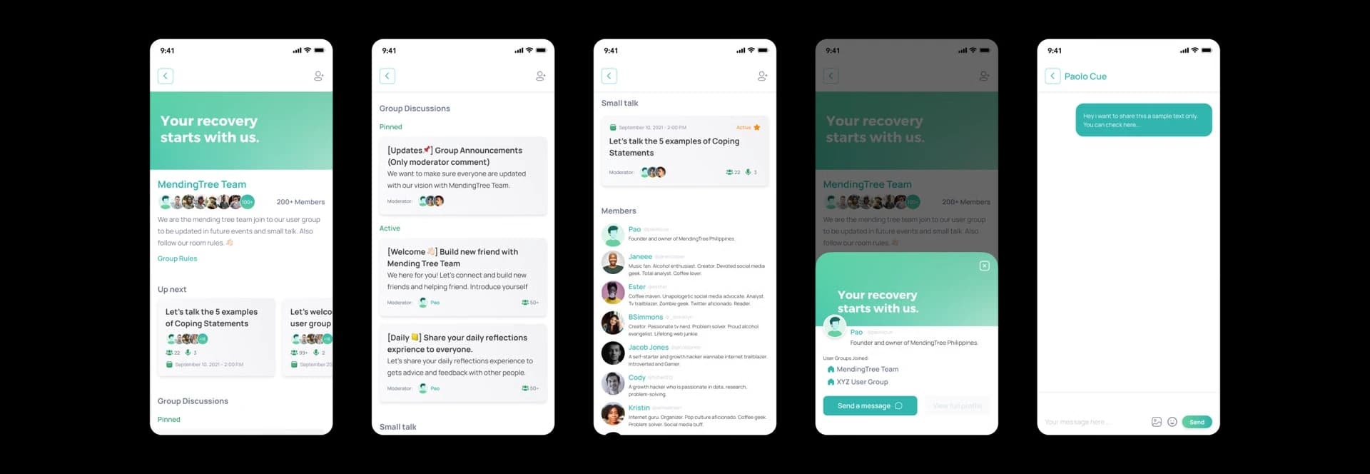 MendingTree user group page, group discussions, small talk list, member list, a member card and a direct message