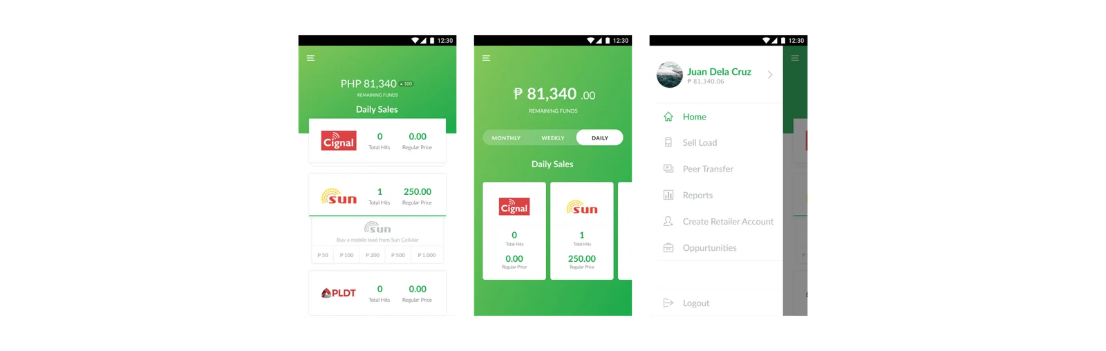 Siglo app home screens in the vertical and horizontal layouts, and the menu drawer