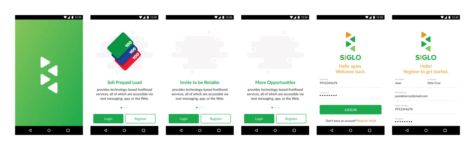 Siglo app splash, onboarding, login and register screens