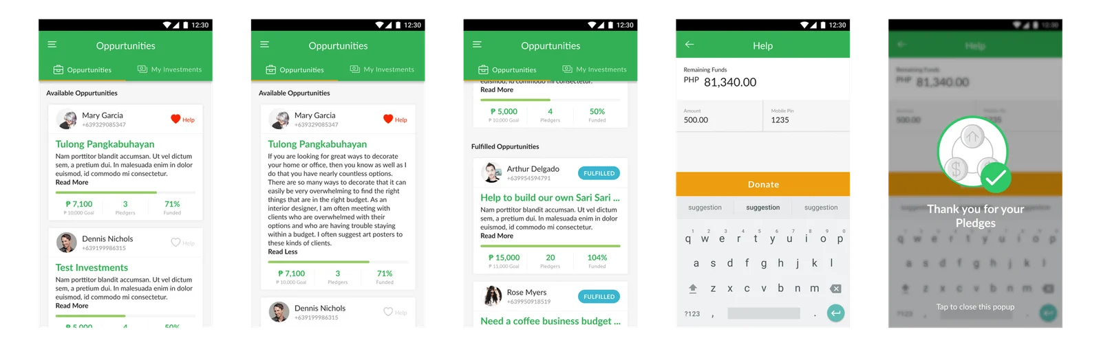 Siglo app opportunities screens with the help button and the funding progress