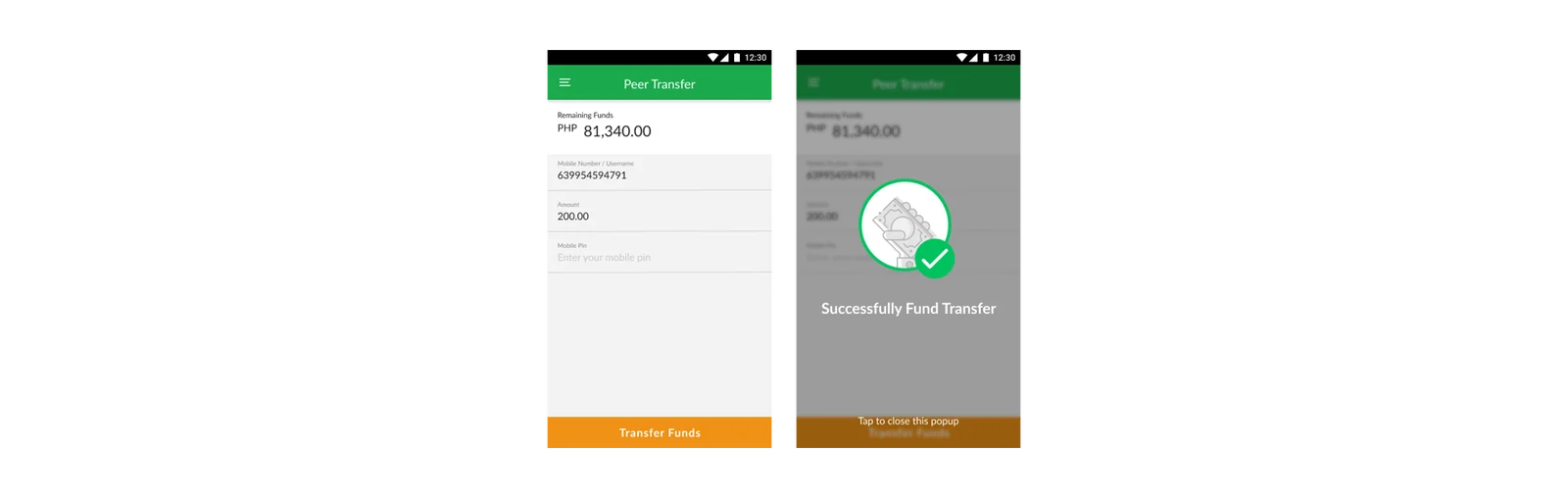 Siglo app peer transfer screen with the recipient's number, amount and PIN, and the successful transfer confirmation