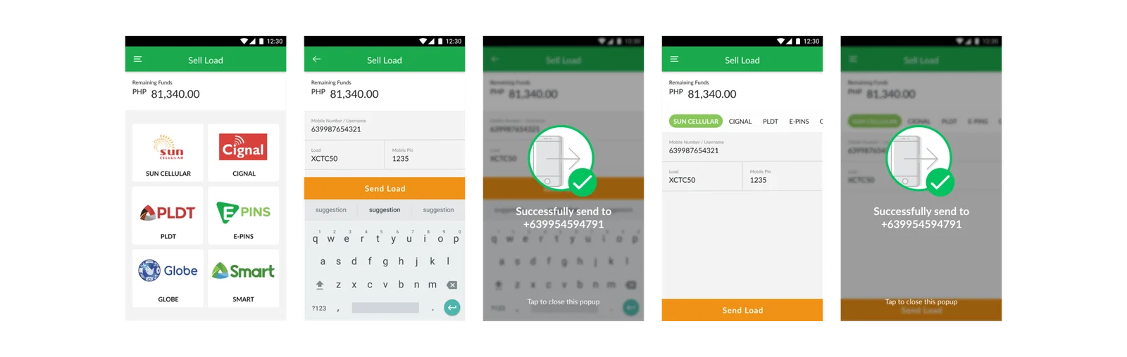 Siglo app sell load screens in the two navigation versions