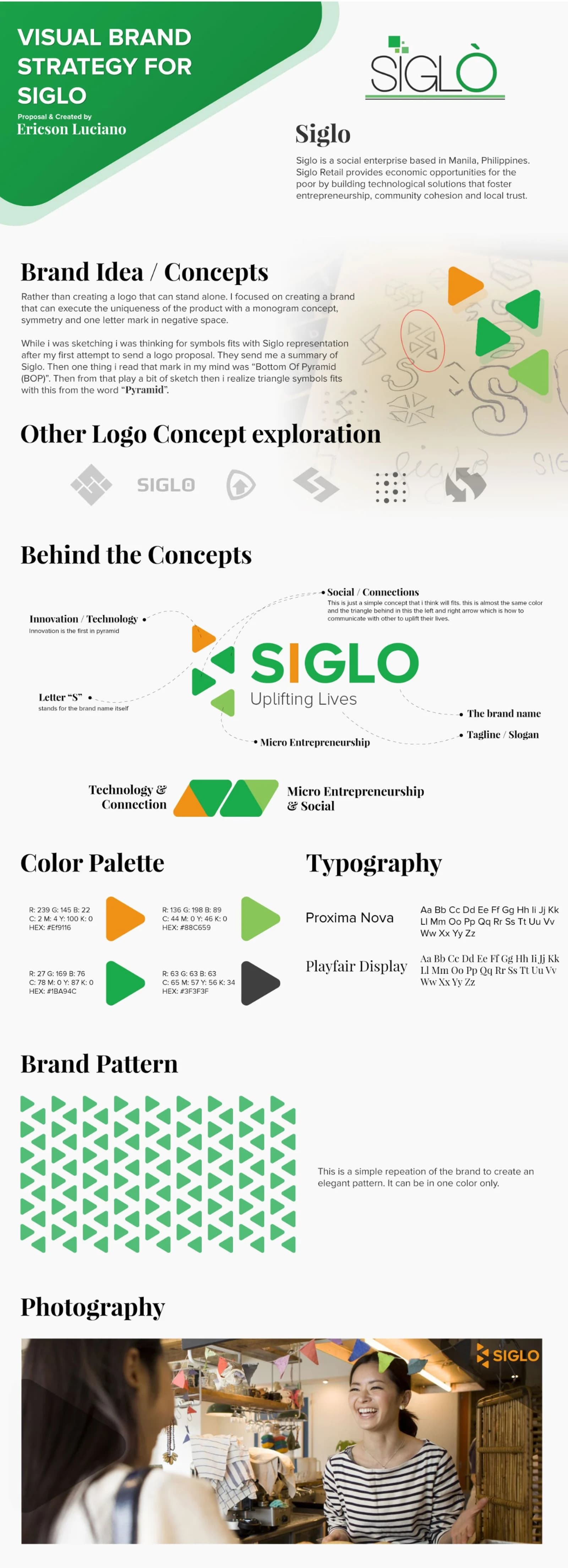 The brand strategy proposal presentation: logo concept, colour palette, brand patterns and photography guidelines