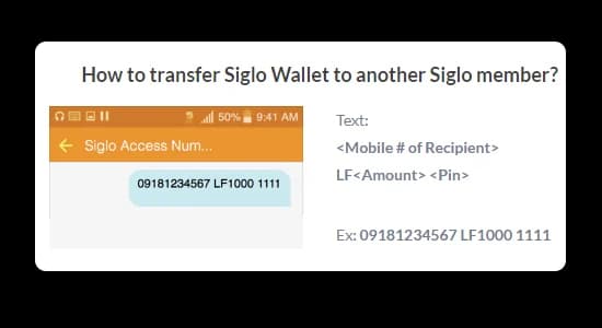 An SMS instruction from Siglo: how to transfer Siglo Wallet to another member by texting the recipient's mobile number, the amount and a PIN