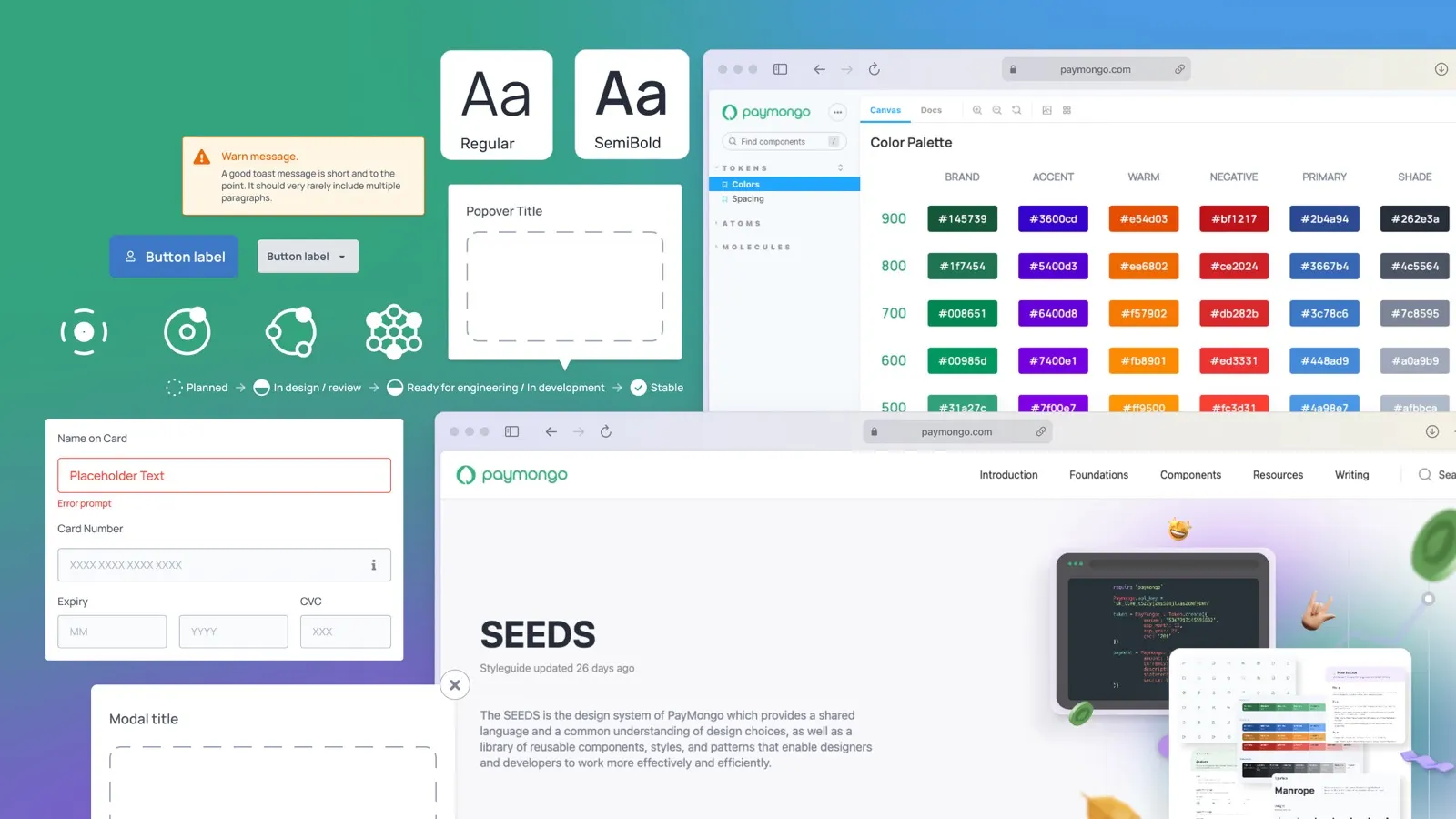 SEEDS design system: type specimens, form components, the colour token table and the documentation site
