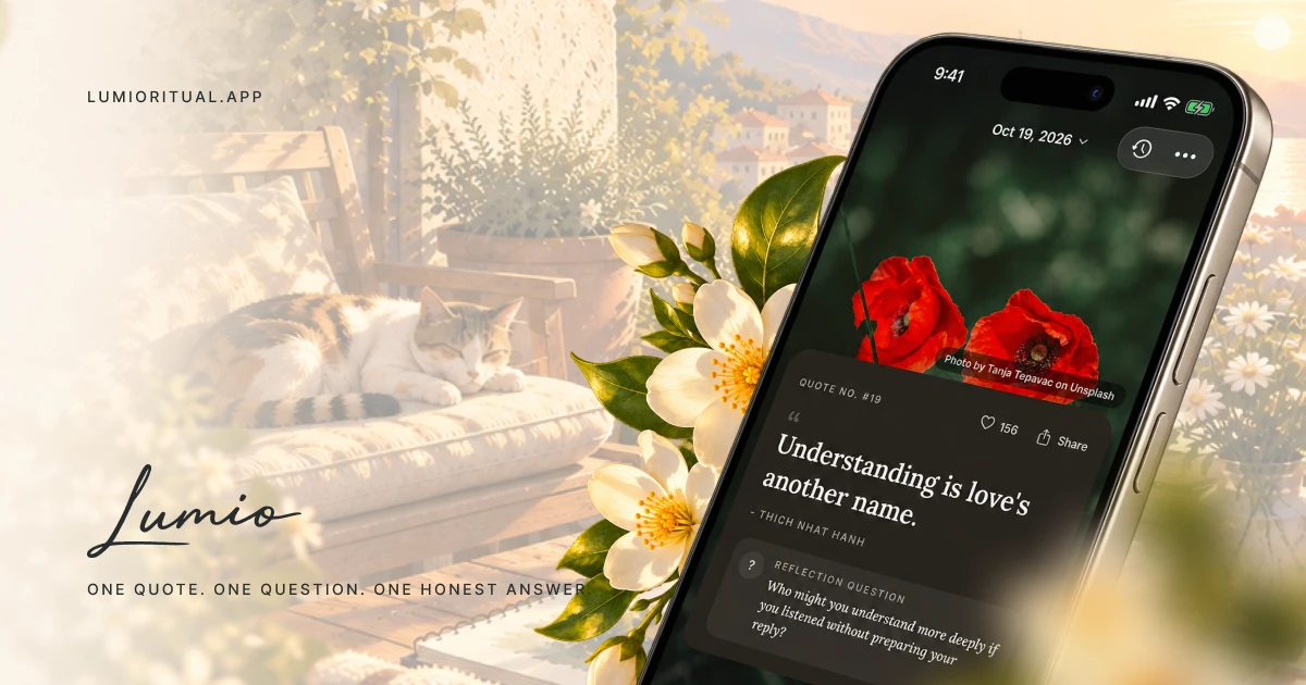 Lumio: a daily quote and reflection question on an iPhone, beside a cat napping on a sunlit terrace