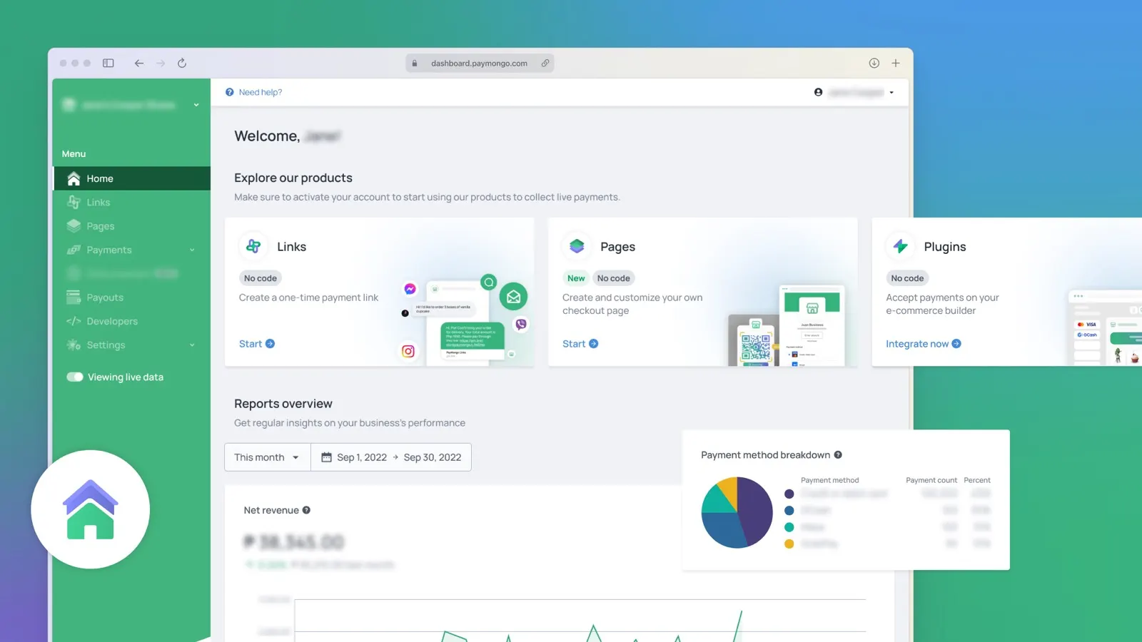 PayMongo Merchant Dashboard home: product shortcuts for Links, Pages and Plugins above a reports overview
