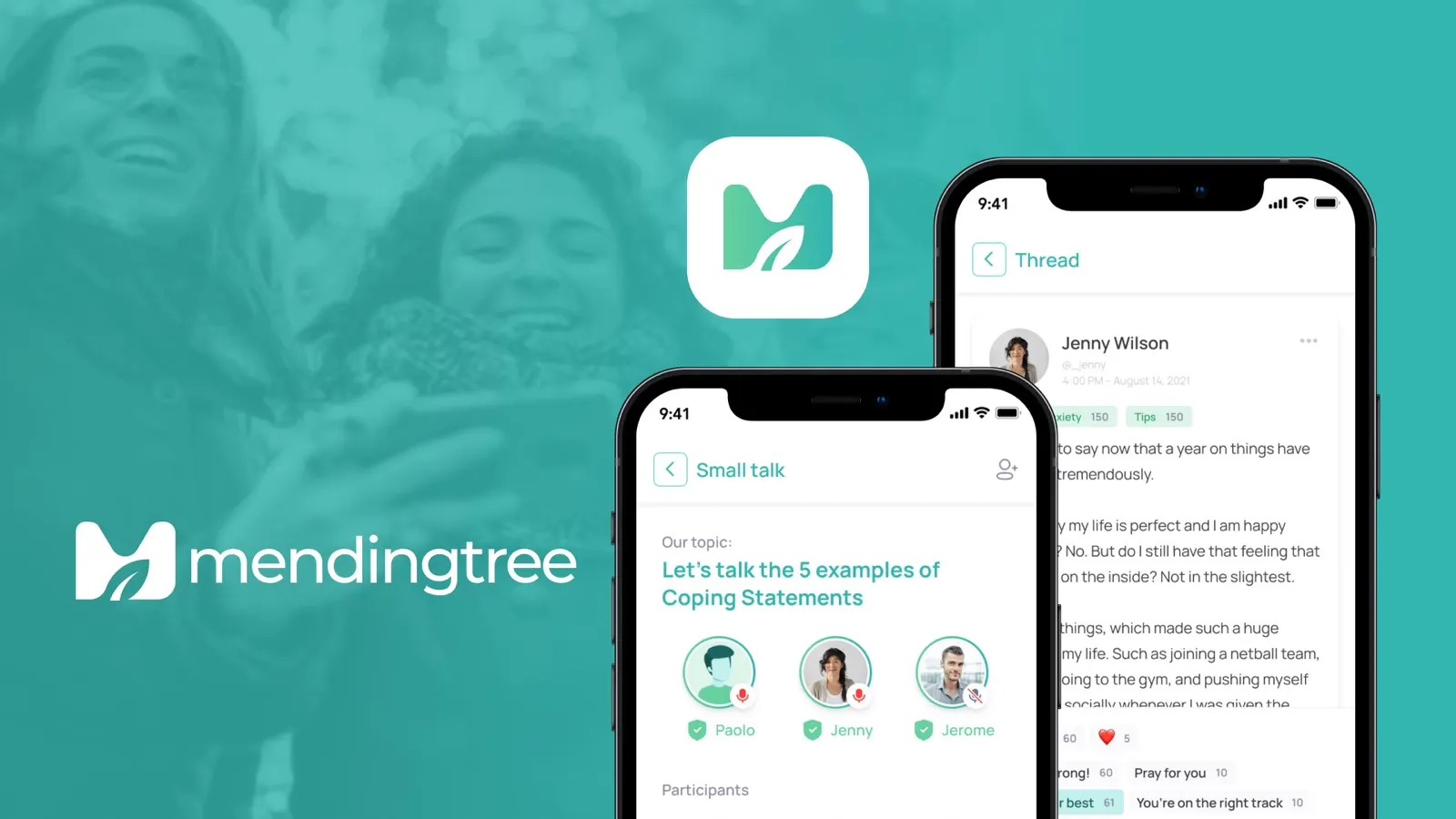 MendingTree app: the app icon, a thread screen and a small-talk audio room