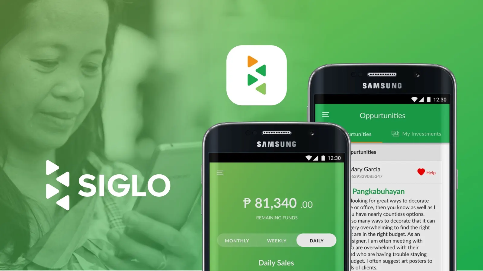 Siglo rebrand: the new logo, a woman using her phone, and two Android screens showing remaining funds and opportunities